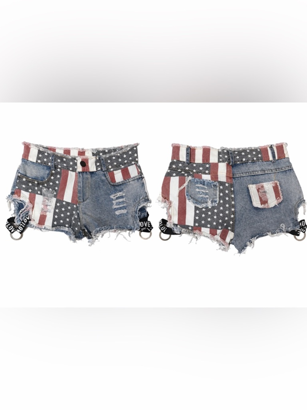American Flag Patchwork Distressed Denim Shorts w/ LOVE Straps High Rise - Picture 2 of 5